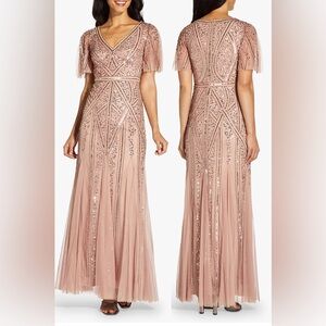 Adrianna Papell Gold Sequin Maxi Gown‎ with Flutter Sleeves